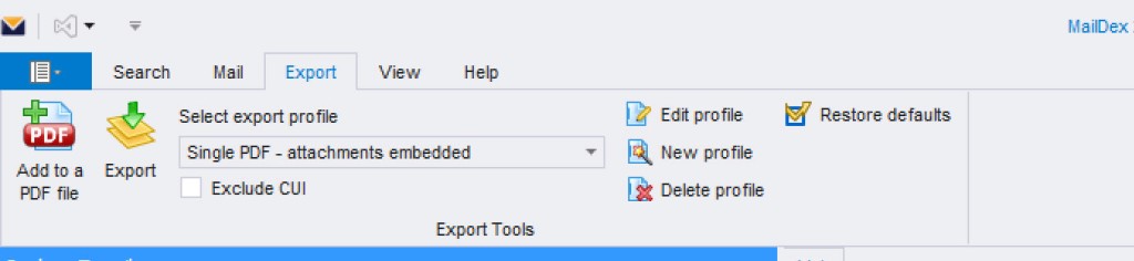 Screen image of MailDex Export toolbar.  "Single PDF"is selected.
